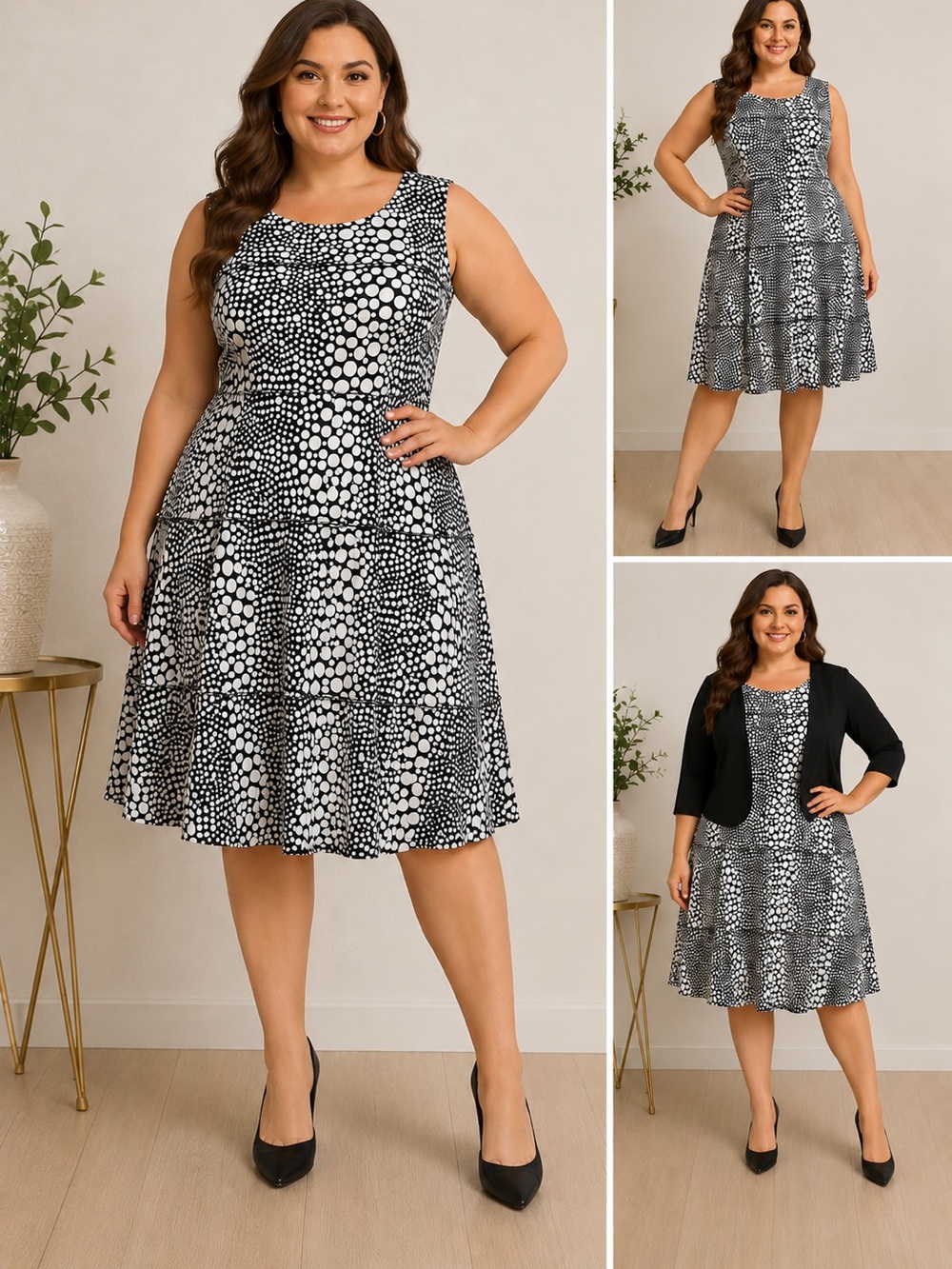 Perceptions 2 Piece Black and White Sleeveless Polka Dot Fit & Flare Dress